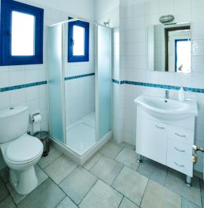 a bathroom with a shower and a toilet and a sink at Azzurro Holiday Villas in Peyia