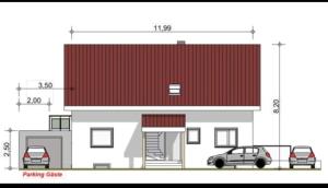 a plan of a building with a red roof at Cosy Apartment in Groß-Rohrheim – 87 m² – Sunny Terrace in Groß-Rohrheim