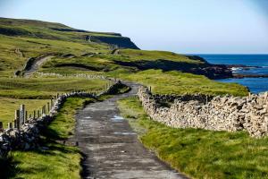 a dirt road on a hill with a stone wall at Luxury Wild Atlantic Way Chalet in Kinvara