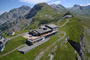 un tren en una pista en una montaña en Berghotel Bonistock en Frutt