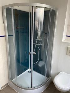 a glass shower in a bathroom with a toilet at GASTEM UG in Berlin