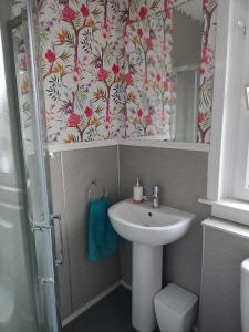 a bathroom with a sink and a shower at Taigh Shen in Stornoway