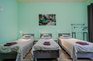 une salle d'hôpital avec deux lits et une photo sur le mur dans l'établissement OMMP CENTRUM, à Częstochowa