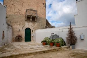 un edificio con una puerta verde y algunas plantas en Masseria Dimora del viandante - by Click Salento en Sogliano Cavour