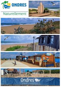 a collage of three pictures of a beach at T3 Soleil Ondres plages avec piscine et Tennis in Ondres