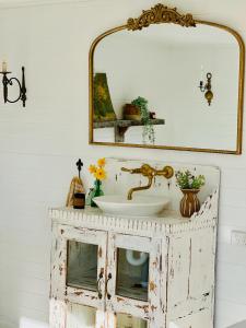 a bathroom with a sink and a mirror at The Vigneron's Cottage at Dragonfly Estate Vineyard - Stanthorpe in Severnlea