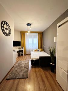 um quarto com uma cama e uma secretária em Apartamenty w Kamienicy em Poddębice