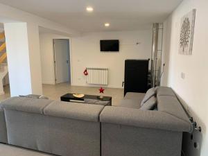 uma sala de estar com um sofá cinzento e uma televisão em 5 bedrooms chalet with terrace and wifi at Coimbra 5 km away from the beach 