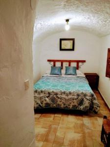 Un dormitorio con una cama con almohadas azules. en 3 bedrooms property with private pool at Cortes y Graena, en Graena