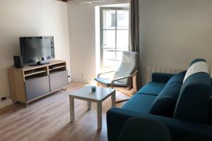sala de estar con sofá azul y TV en Suites Rive Gauche - FONTAINEBLEAU - Chez Julien en Fontainebleau