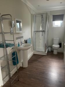 uma casa de banho com um chuveiro, um lavatório e um WC. em OAK LODGE em Tillingham
