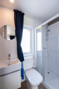 拉齊塞的住宿－奧羅湖濱露營酒店，浴室配有卫生间、盥洗盆和淋浴。