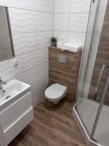 a bathroom with a toilet and a sink and a shower at Apartamenty w Kamienicy in Poddębice