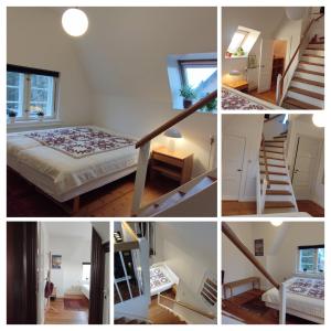 a collage of photos of a room with a bed and stairs at Gæstehus Sorø Sø in Sorø