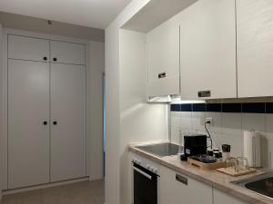 een keuken met witte kasten en een wastafel bij SHINE Apartment View Lugano Paradise Parking Free in Paradiso