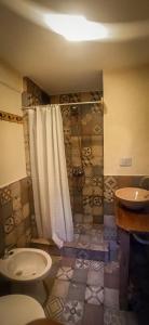 a bathroom with a shower and a toilet and a sink at Cabañas Arenas del Faro in Mar del Plata