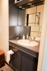 ein Bad mit einem Waschbecken und einem Spiegel in der Unterkunft Furnished - Bright, Modern apartment in Brussels, 15 minutes walk from the Atomium in Brüssel