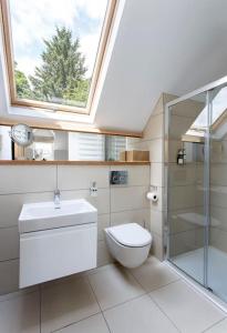 een badkamer met een toilet, een wastafel en een raam bij Stalker's Lodge in Perth