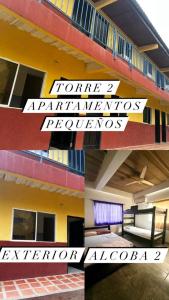 eine Collage von Bildern eines Gebäudes mit Schildern in der Unterkunft Apartamentos Coveñas in Coveñas