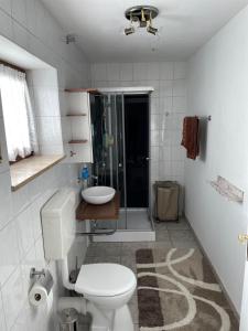 Schöne Ferienwohnung في لِهربيرغ: حمام ابيض مع مرحاض ودش