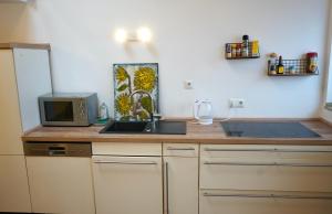 a kitchen counter with a microwave and a sink at Charmantes Maisonette-Appartment in Cologne