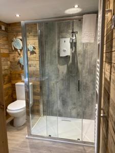 a glass shower in a bathroom with a toilet at Unique Private Lodge in Cornwall sleeps 4 