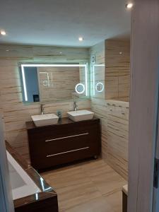 拉貝河畔烏斯季的住宿－MARLEN，一间带两个盥洗盆和大镜子的浴室