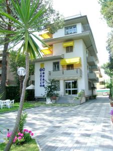 a building with a palm tree in front of it at Hotel Giulio Cesare in Cinquale