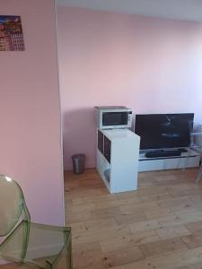 a living room with a tv and a microwave at Au cœur du 5ème de Paris in Paris