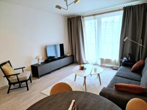 a living room with a couch and a tv at Elegant Urban Residence with parking spot in Nivy