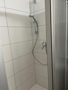 een douche met een slang in de badkamer bij City Hotel Post 21 in Braunau am Inn