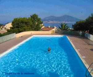 ポルティシオにあるAppartement d'une chambre avec piscine partagee a Grosseto Prugna a 1 km de la plageの海を背景にしたスイミングプールの者