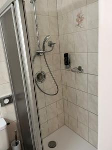 um chuveiro com uma porta de vidro na casa de banho em City Hotel Post 22 em Braunau am Inn