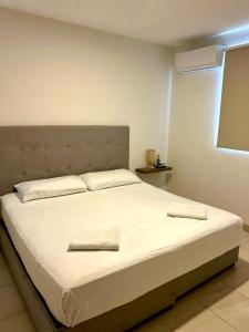 1 dormitorio con 1 cama blanca grande y 2 almohadas en Vista al mar, Alberca, Netflix, Playa - Facturamos, en Conchal