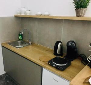 a kitchen counter with a sink and a kettle on it at Olga Studios in Kokkini Khanion