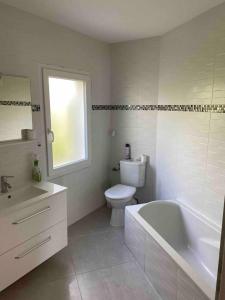 uma casa de banho com um WC, uma banheira e um lavatório. em Propriete de 3 chambres avec terrasse et wifi a Quetigny em Quétigny