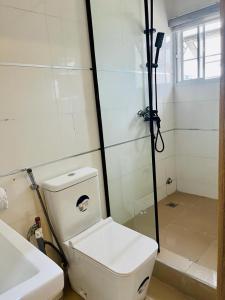 La salle de bains est pourvue de toilettes, d'une douche et d'un lavabo. dans l'établissement Diaggello Homex Apartment, à Lekki