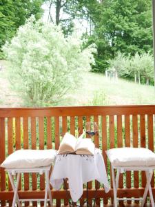 una mesa con un libro y dos sillas en un porche en Antonia´s Kaffeehäferl, en Eibiswald