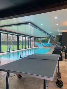una mesa de ping pong en una piscina en Chalet d'une chambre avec piscine partagee terrasse et wifi a Clermont Creans, en La Flèche