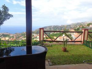 ポンタ・ド・ソルにあるOne bedroom property with private pool terrace and wifi at Ponta do Sol 2 km away from the beachのサボテン付きのバルコニーから海の景色を望めます。