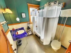 a bathroom with a shower and a toilet and a sink at Hotel Vendome in Prescott