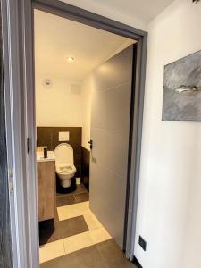 een badkamer met een toilet, een wastafel en een deur bij Appartement d'exception, terrasse vue Pic du Midi in Bagnères-de-Bigorre