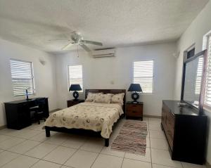 una camera con letto e ventilatore a soffitto di Breathtaking View Villa a Saint Marks Village