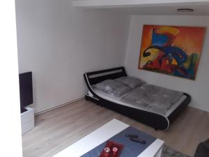 1 dormitorio con 1 cama y una pintura en la pared en Fachwerk-Appartement mit Charme, en Bad Sooden-Allendorf