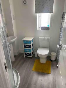 a bathroom with a white toilet and a sink at Modern home on the edge of the Cotswolds in Evesham