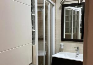 W łazience znajduje się umywalka i przeszklony prysznic. w obiekcie Casa María w mieście Priego de Córdoba