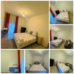 cztery zdjęcia sypialni z łóżkiem i stołem w obiekcie La Chambre w mieście Saint-Denis