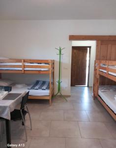 Zimmer mit Etagenbetten, einem Tisch und einer Pflanze in der Unterkunft Ubytovanie u Slovana - Apartmán 1 