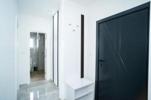 a bathroom with a black door and a mirror at Apartmani Mila in Laktaši +73 photos
