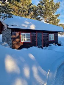a log cabin with a snow covered roof and windows at Koslig hytte ved Grimsdalen in Dovre